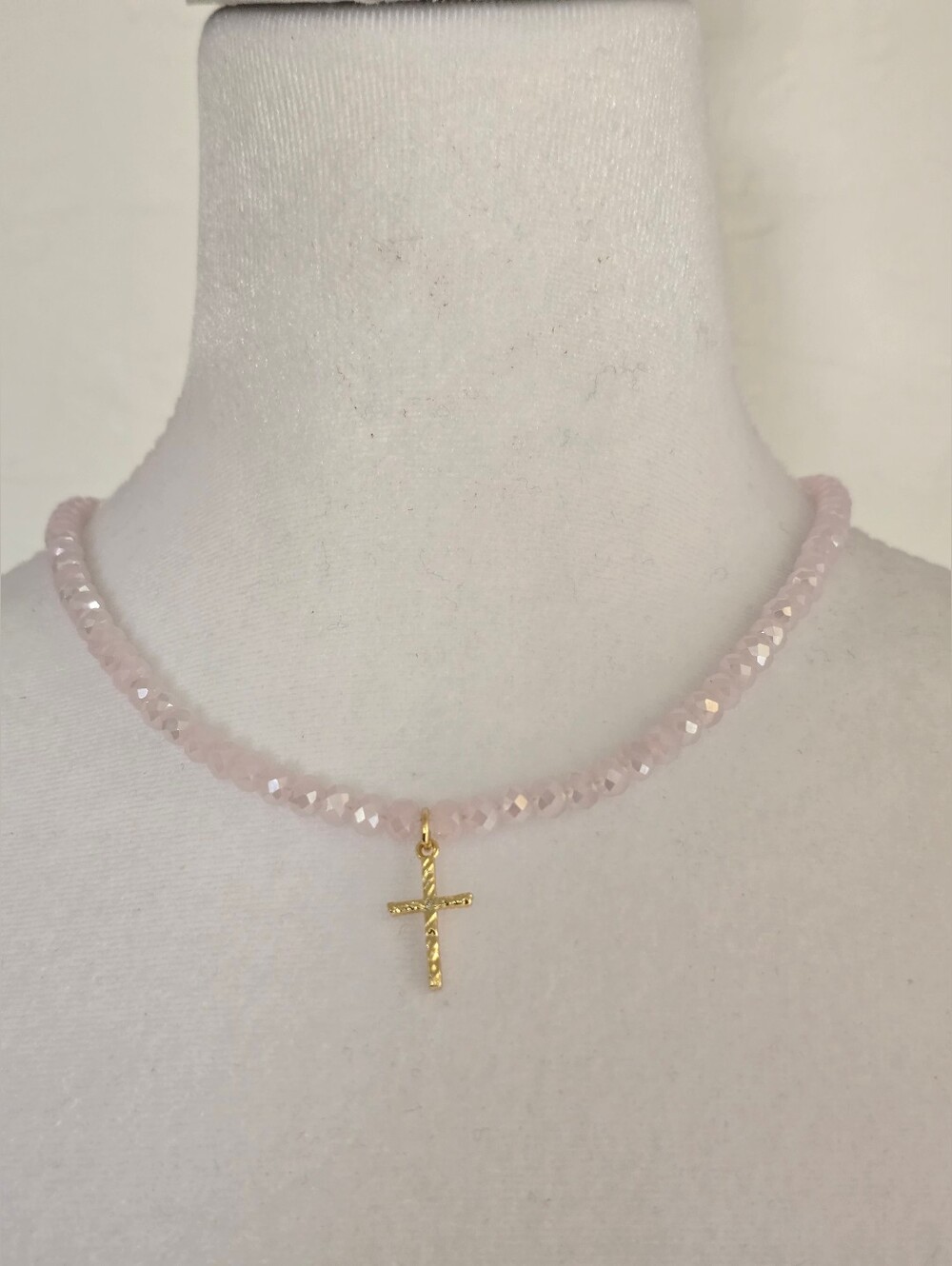Delicate Pink Beaded Necklace with Gold Cross Pendant